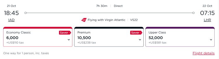 A flight booking option from IAD to LHR on Virgin Atlantic