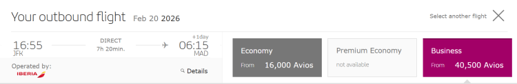 Screen shot from Iberia airlines showing business class flight from JFK to Madrid.