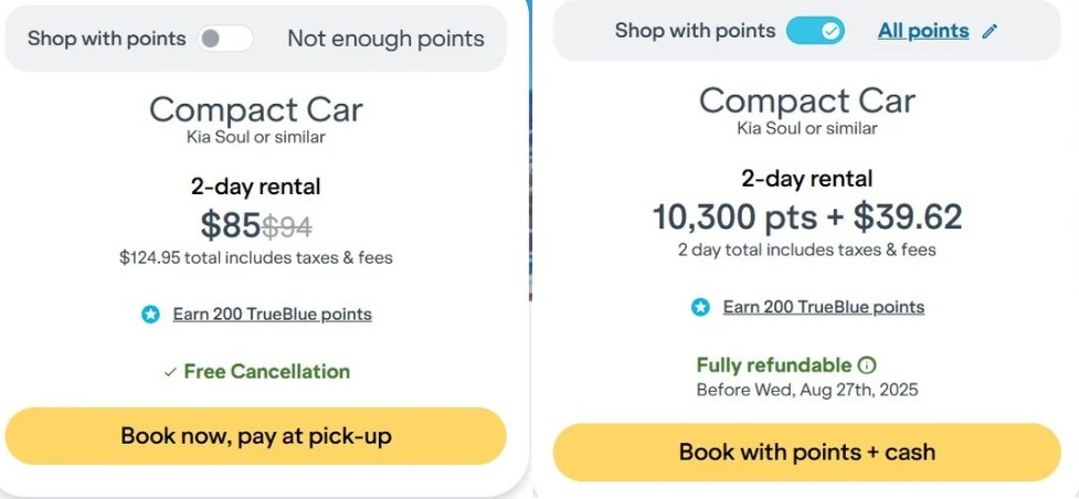 JetBlue Travel car rental example