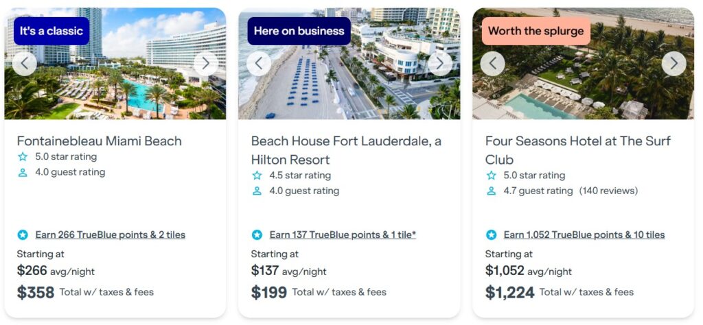 JetBlue Travel hotel examples with cash