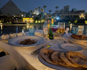 Dinner overlooking pyramids at Marriott Mena House, Cairo