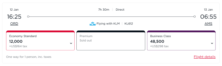 A screen shot shows a Membership Rewards Europe sweet spot of a flight from ORD to AMS on Virgin Atlantic