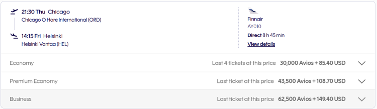 A screenshot of a flight search on Finnair