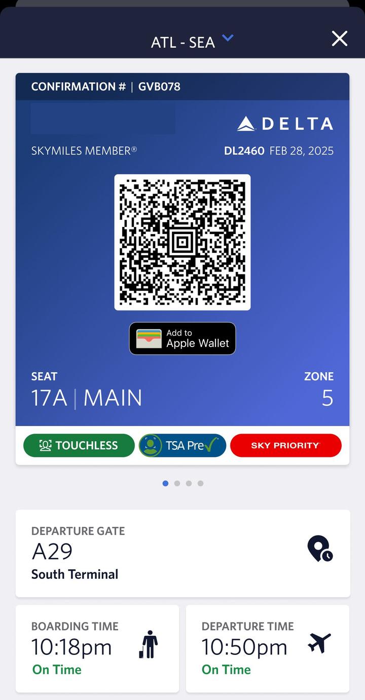Delta mobile boarding pass with TSA PreCheck and Touchless ID