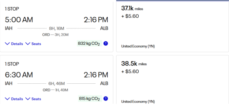 A screenshot shows flight options to Albany on United