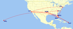 Map of domestic routes where American Airlines is flying lie-flat seats on its Boeing 777-200 aircraft in November 2025