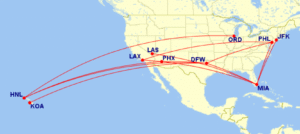 Map of domestic routes where American Airlines is flying lie-flat seats on its Boeing 787-8 aircraft in November 2025