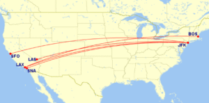 Map of all domestic routes where American Airlines is flying lie-flat seats in November 2025