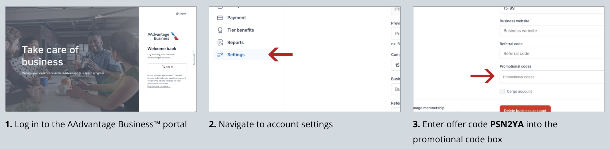 Steps to register for the AAdvantage Business promotion.