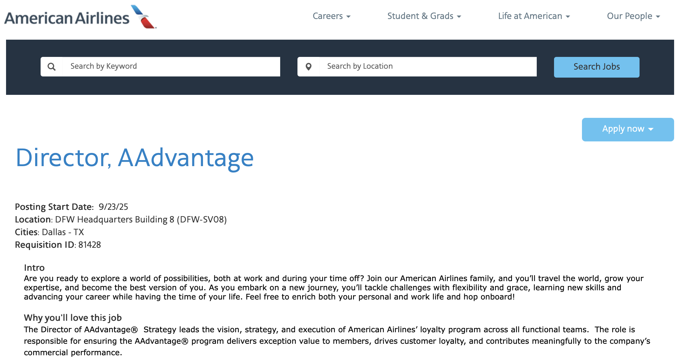 American Airlines job posting for AAdvantage Director.