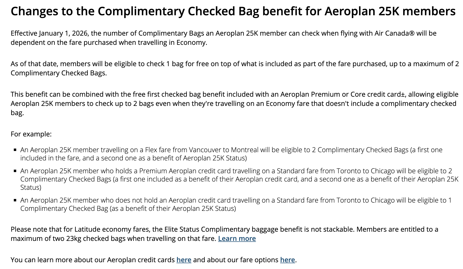 Air Canada bag policy changes for 25K/35K elites.