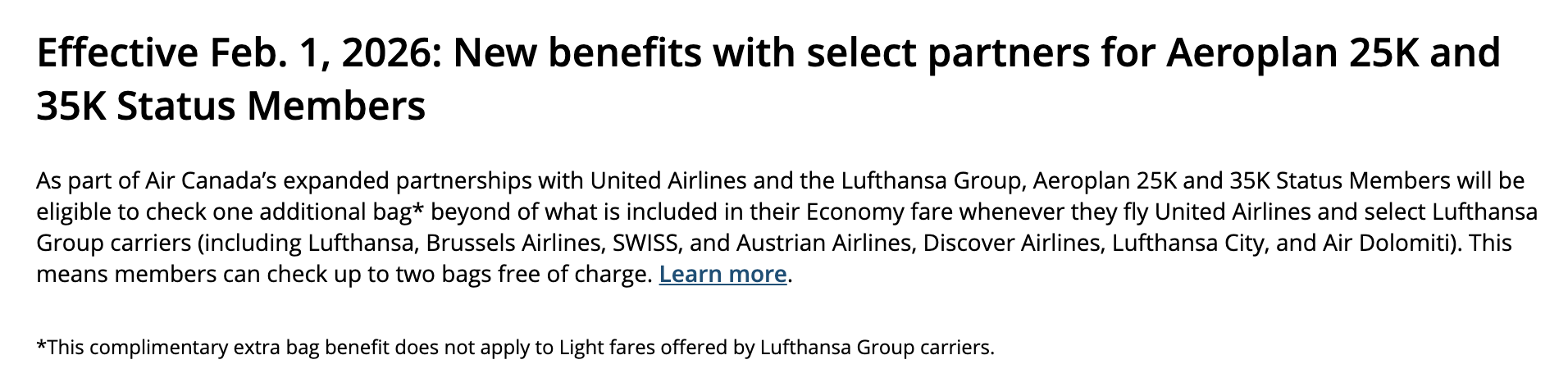 Air Canada bag policy changes for 25K/35K elites.