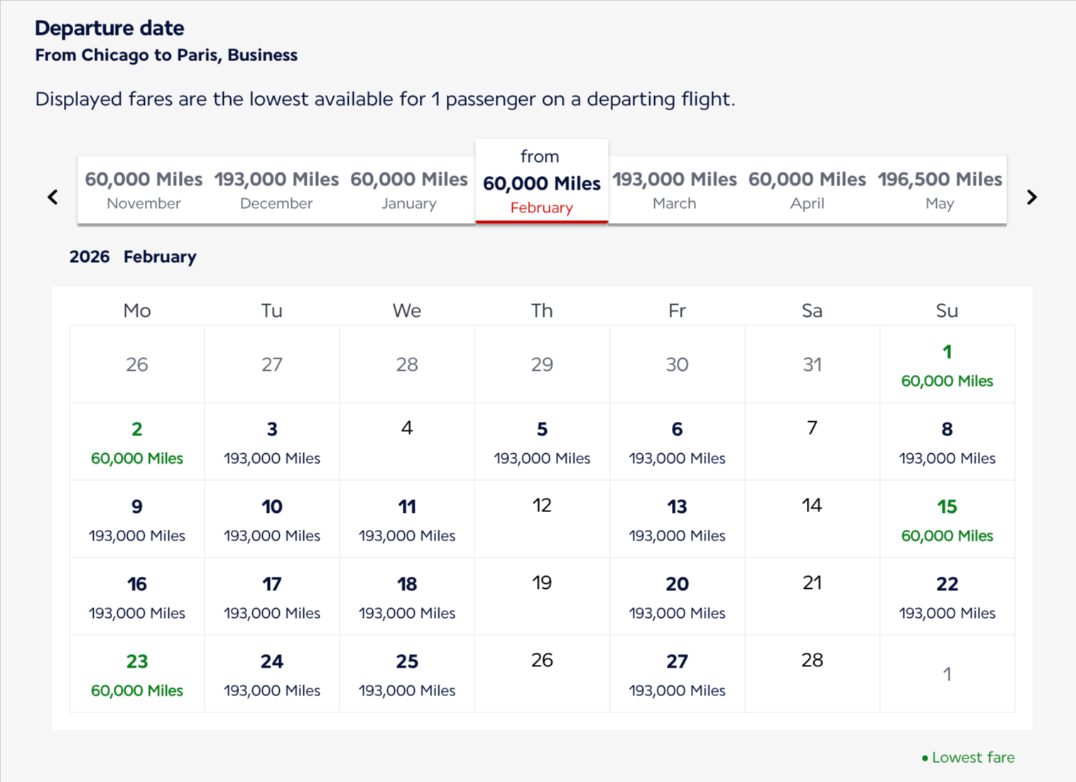 Flying Blue award calendar showing a month of award rates for flights from Chicago to Paris