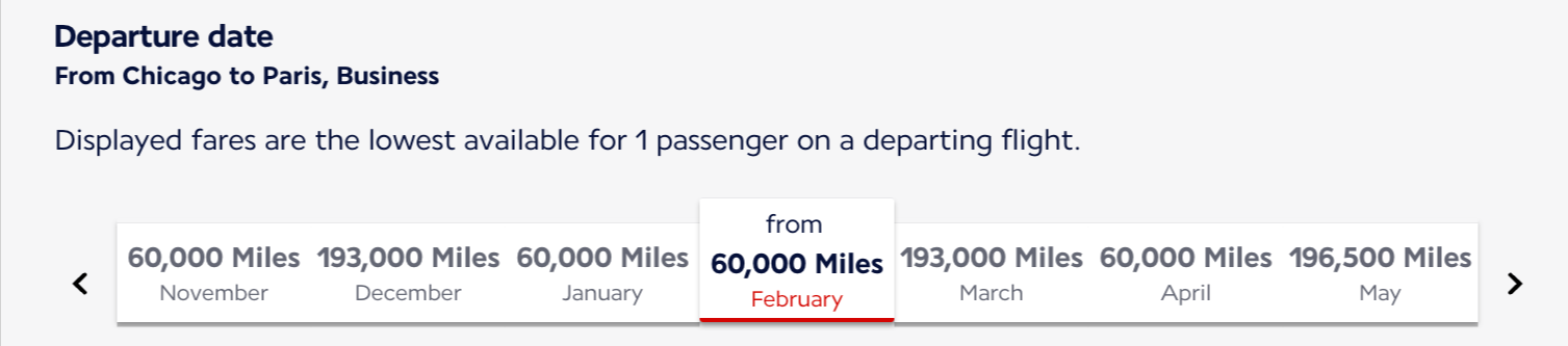 Flying Blue award calendar showing a month of award rates for flights from Chicago to Paris