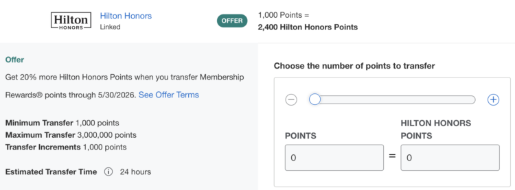 Screenshot of American Express Hilton transfer bonus