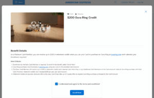 Screenshot of American Express Platinum enrollment page for Oura Ring