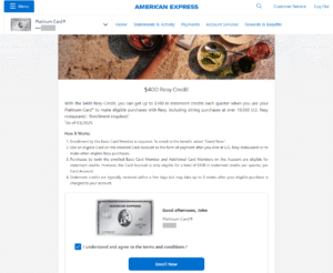 Screenshot of American Express Platinum enrollment page for Resy Credit