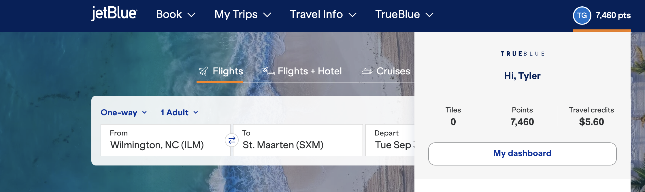JetBlue homepage showing account dropdown.