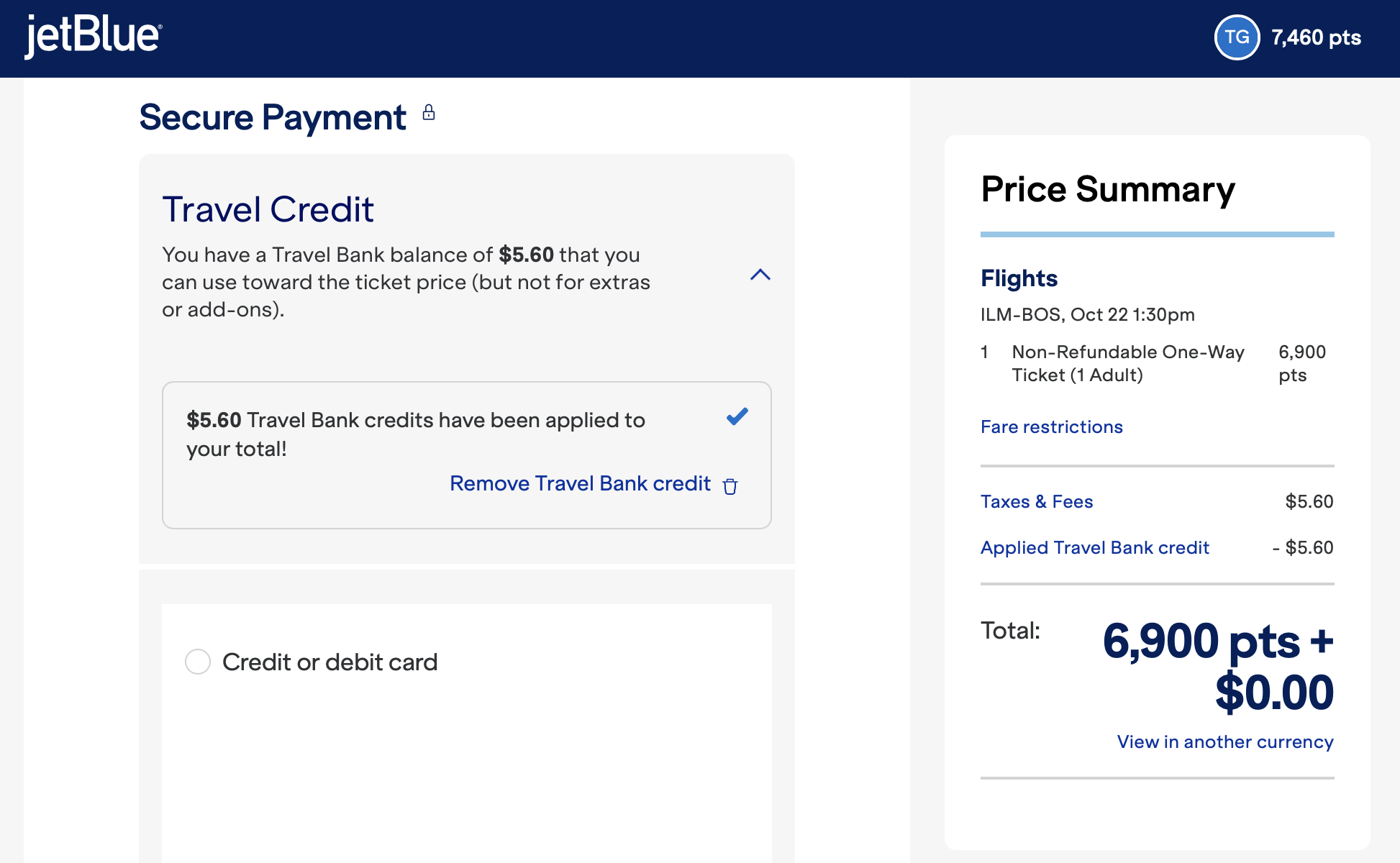 JetBlue flight checkout screen.