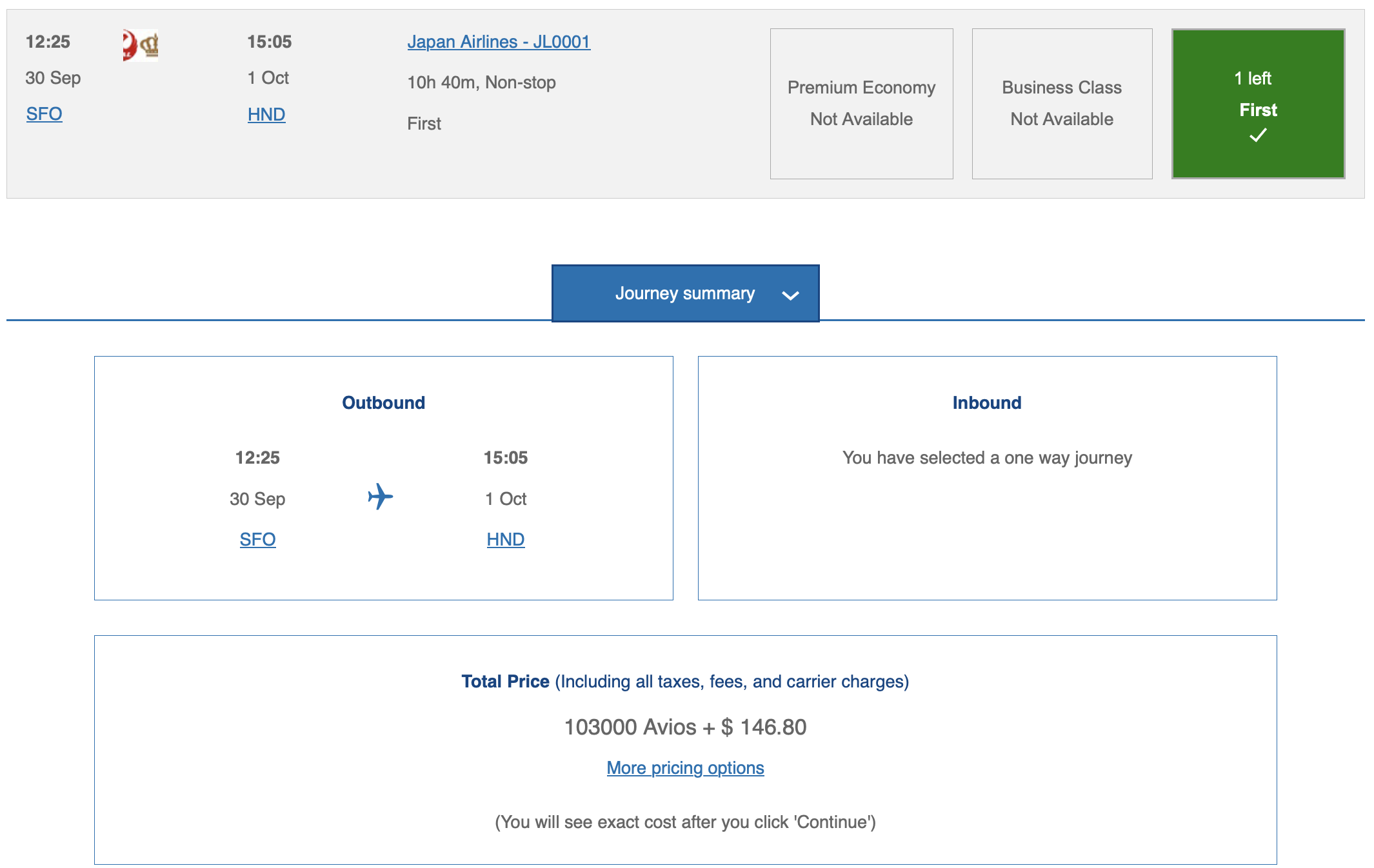 Japan Airlines first class award from SFO to Tokyo.