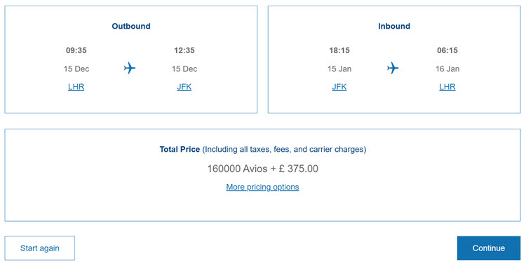 BA Avios subscription LHR-JFK RTN 1