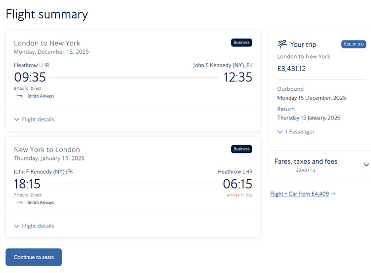 BA Avios subscription LHR-JFK RTN cash 1
