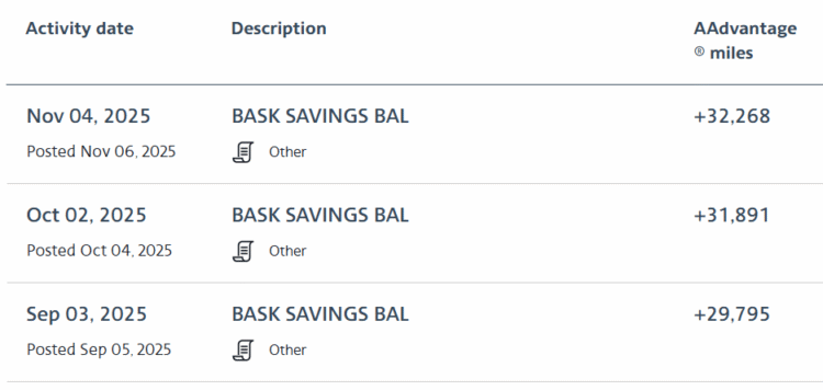 Screenshot of AAdvantage account with Bask Bank miles posting