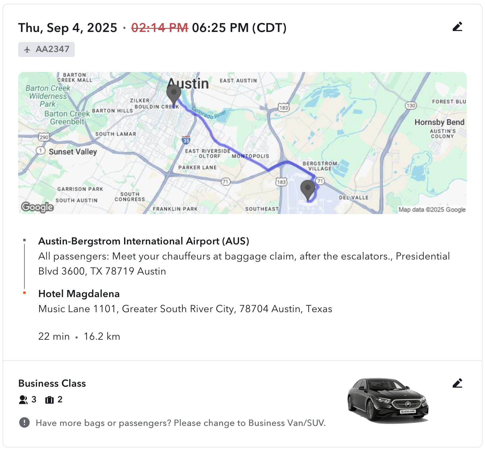 Blacklane trip details factoring in the delay.