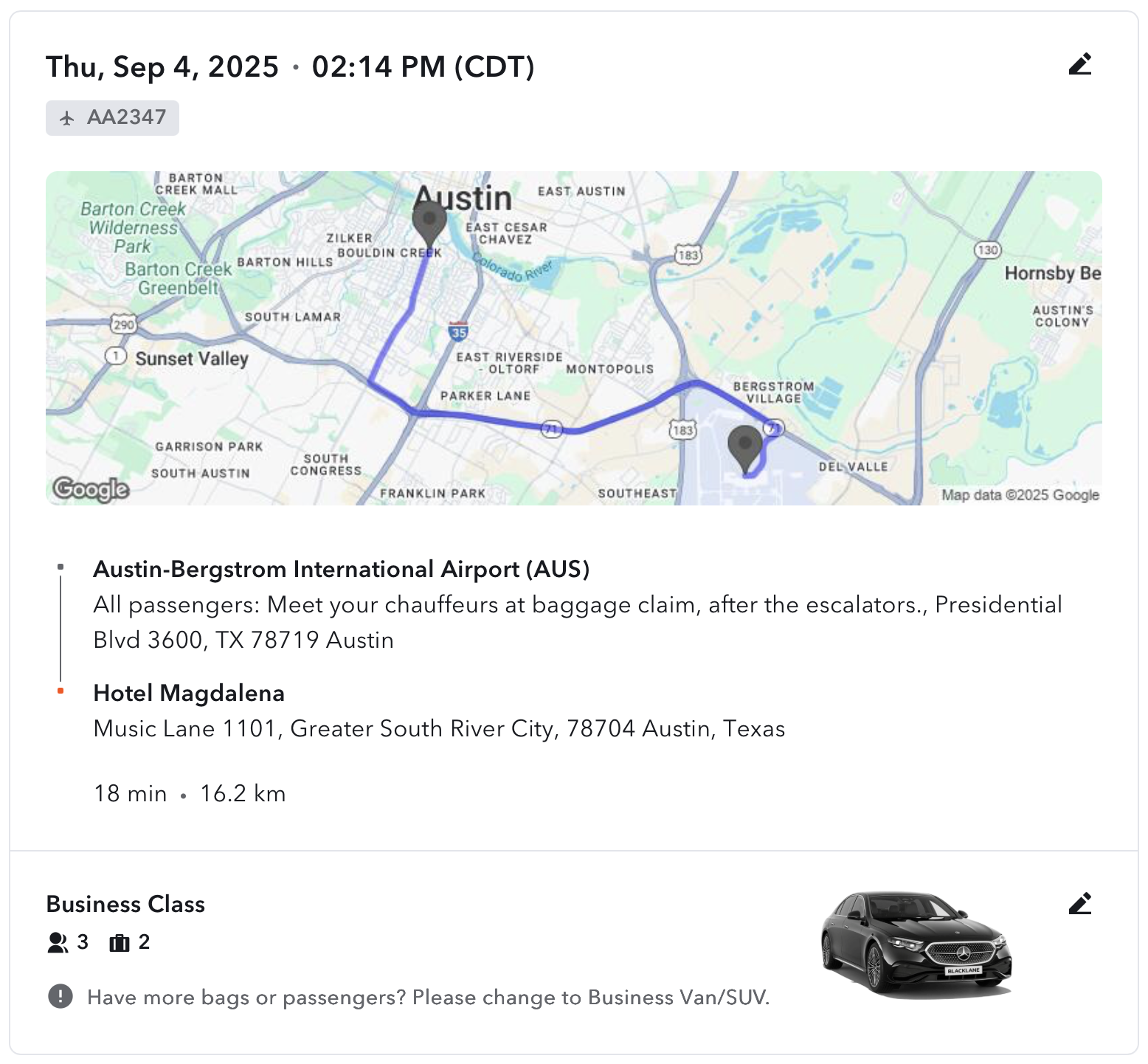 Blacklane ride information.