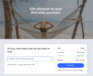 Screenshot of Copa buy miles banner and example purchase