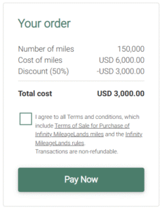 Buy 210,000 EVA Infinity MileageLands miles for $3000 USD after 50% discount
