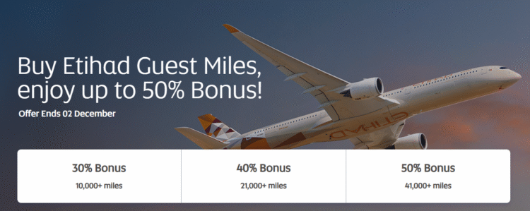 Screenshot of banner image to buy Etihad miles with a 50% bonus.