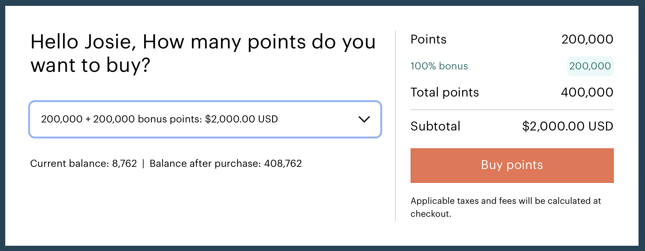 IHG buy points receipt.