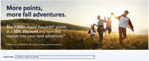 Screenshot of buy Southwest points 50% discount banner