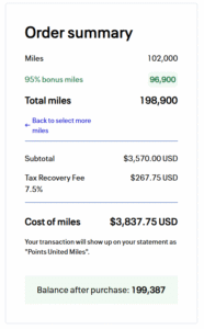 Buy United miles with 95% bonus example
