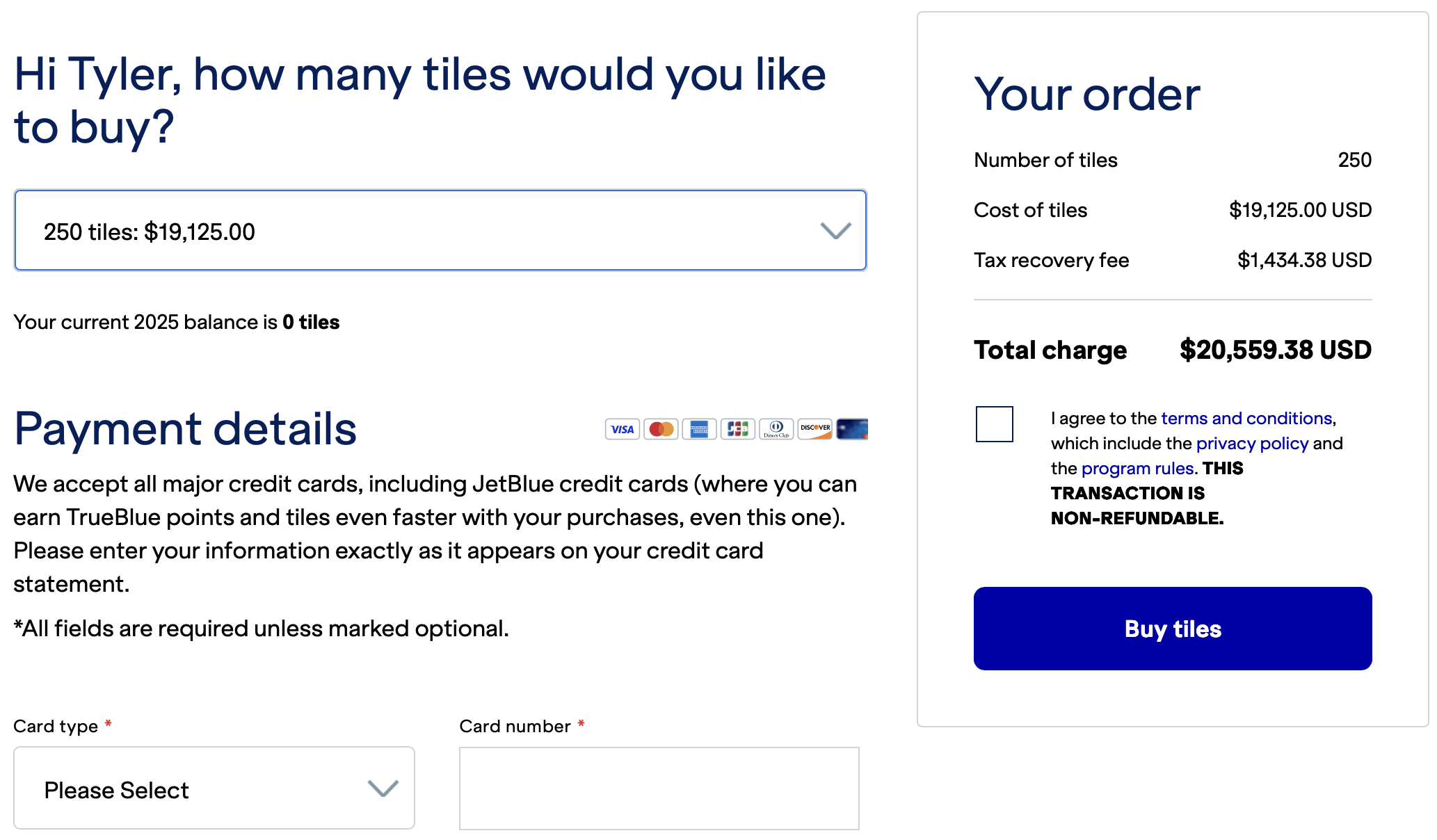 Buy JetBlue Tiles receipt.