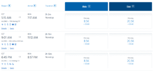 Screenshot showing AAdvantage award search results from Miami to Charlotte in lay-flat first class using AAdvantage miles