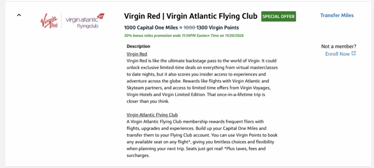 Capital One transfer bonus to Virgin Red details