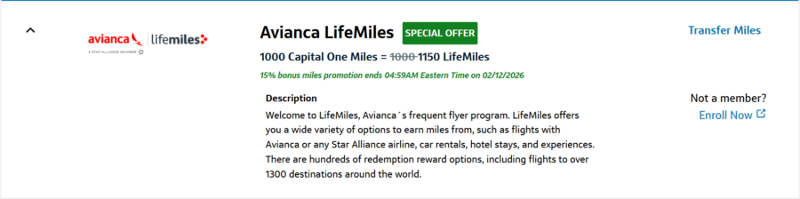 Screenshot of Capital One 15% transfer bonus to Avianca LifeMiles