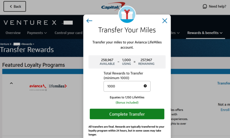 Screenshot showing Capital One miles transfer bonus example to Avianca LifeMiles