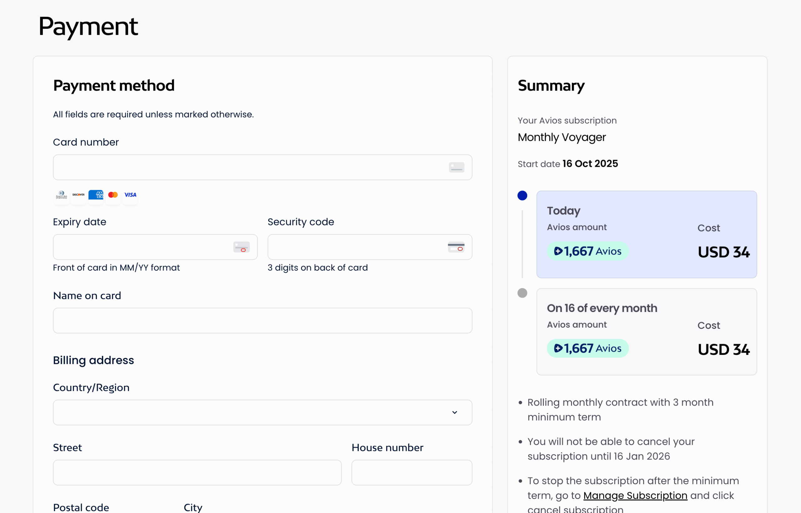Checkout page for an Avios subscription showing the price in U.S. dollars