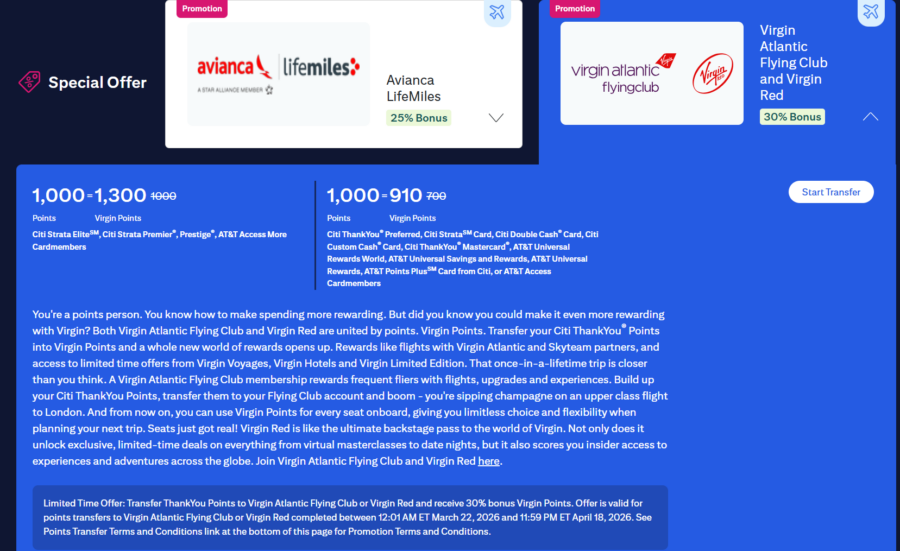 Screenshot of Citi ThankYou points 30% transfer bonus to Virgin Atlantic Flying Club