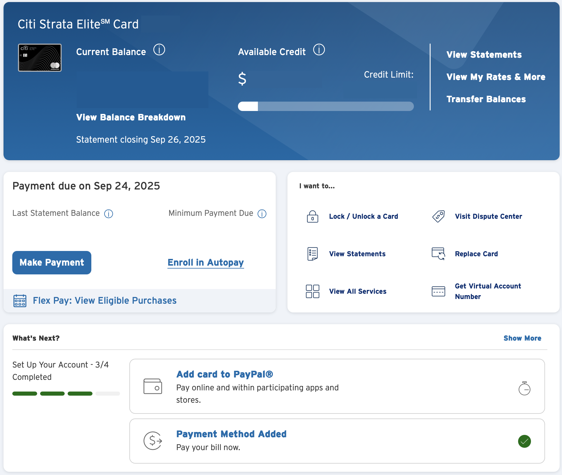 Citi online card dashboard.