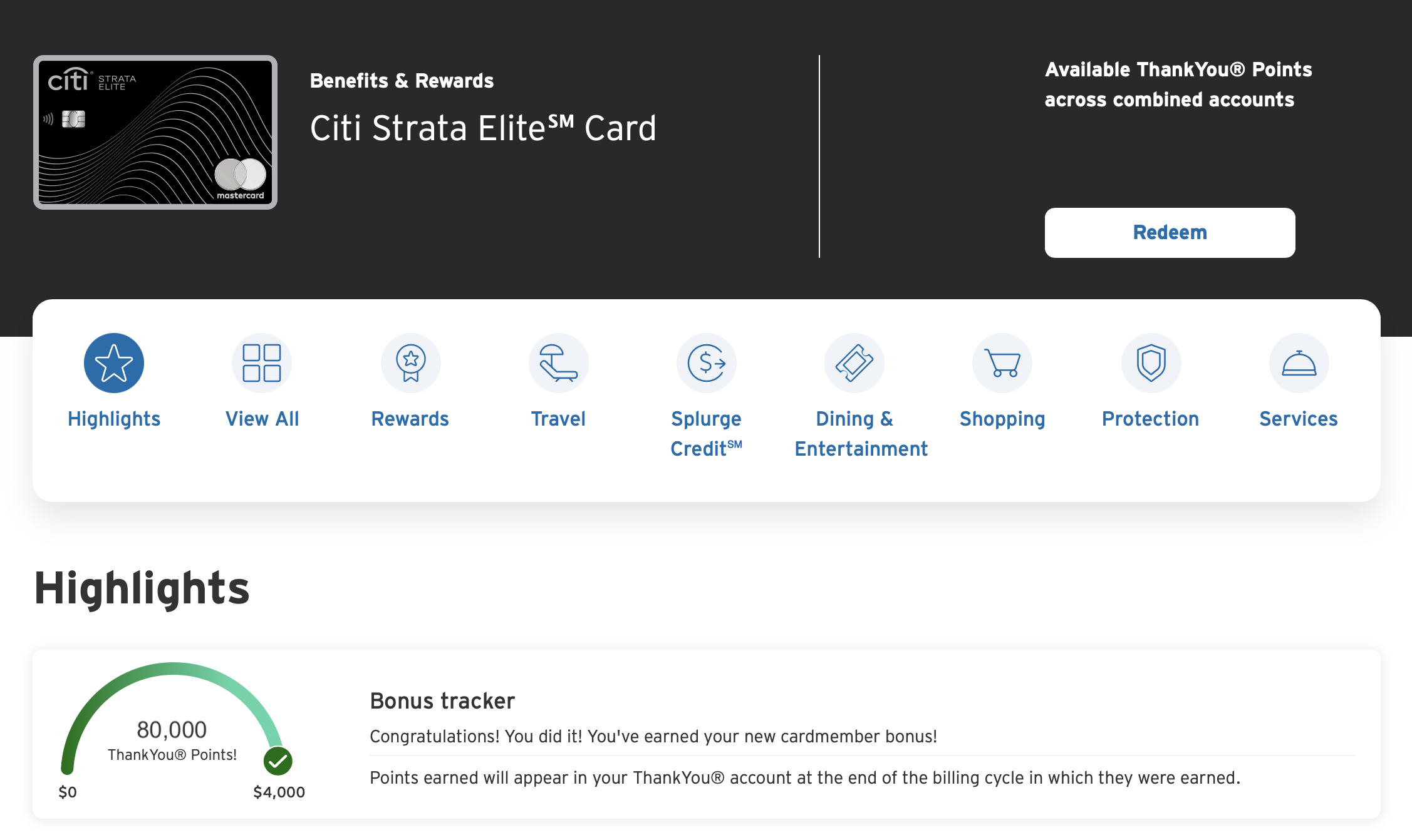 Citi card benefits dashboard showing the bonus tracker