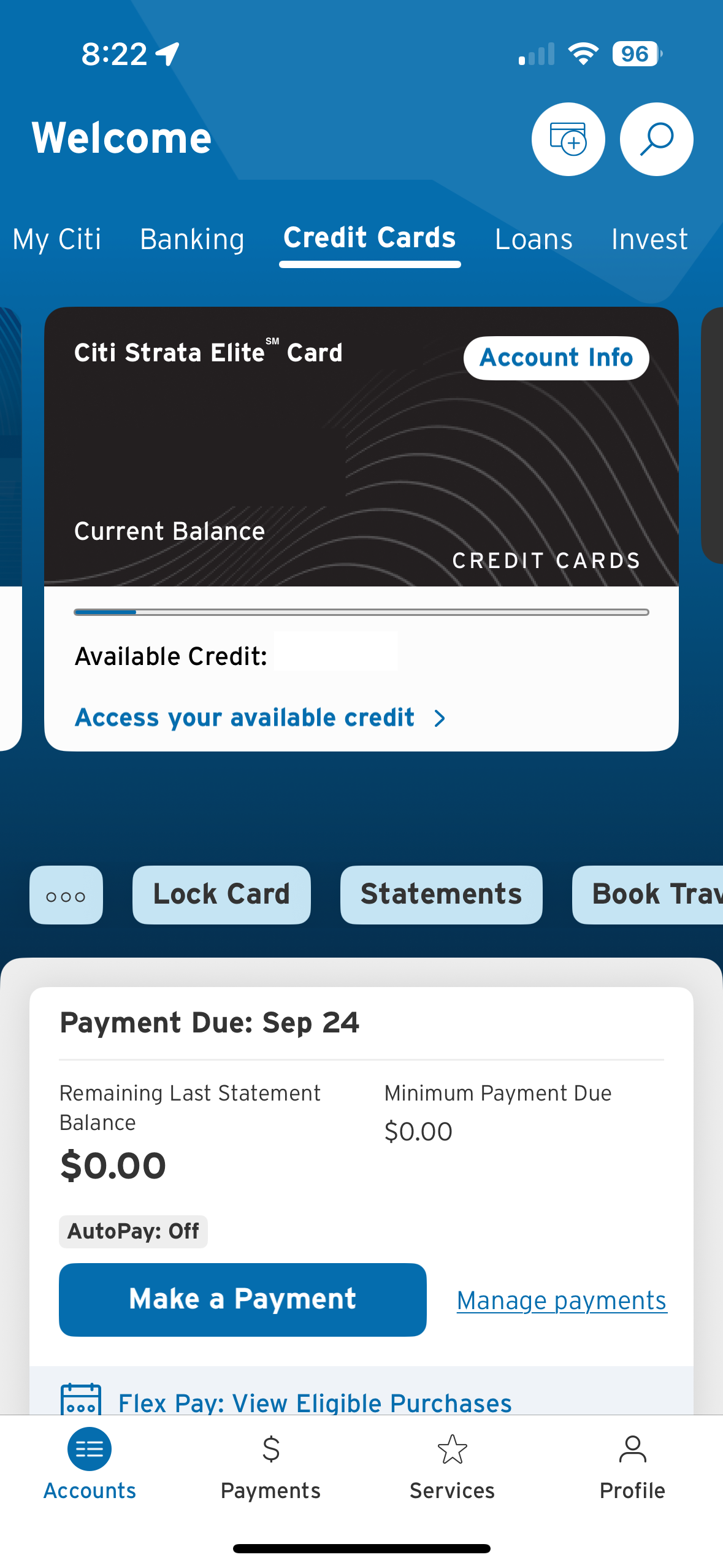Citi credit card dashboard in the mobile app