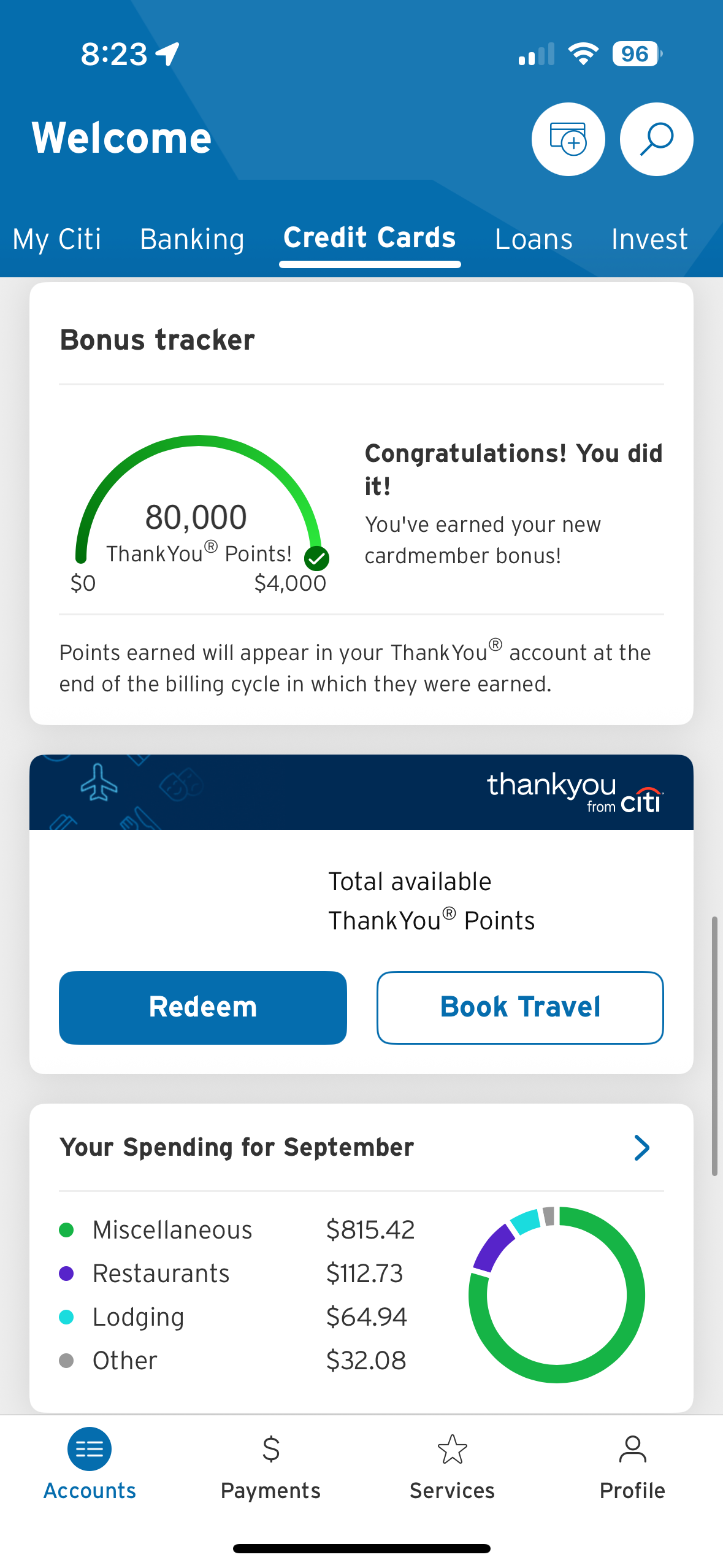 Citi in-app bonus tracker
