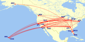 Map of all Delta domestic lay-flat routes for November 2025