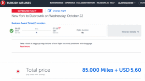 Screenshot of Turkish MIles&Smiles business class award from Newark to Dubrovnik