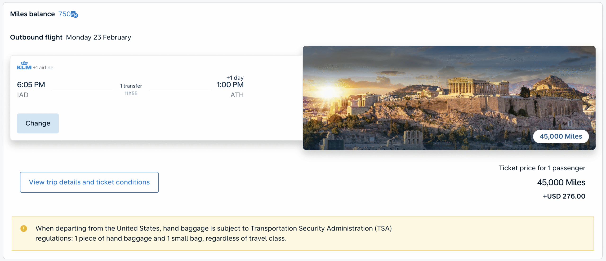 Flying Blue award from IAD to ATH.