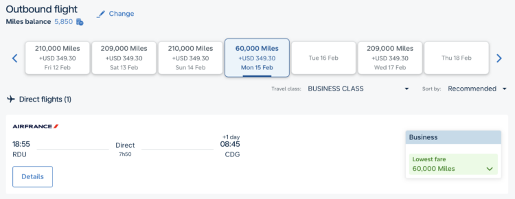 Screenshot of Flying Blue award from RDU to CDG